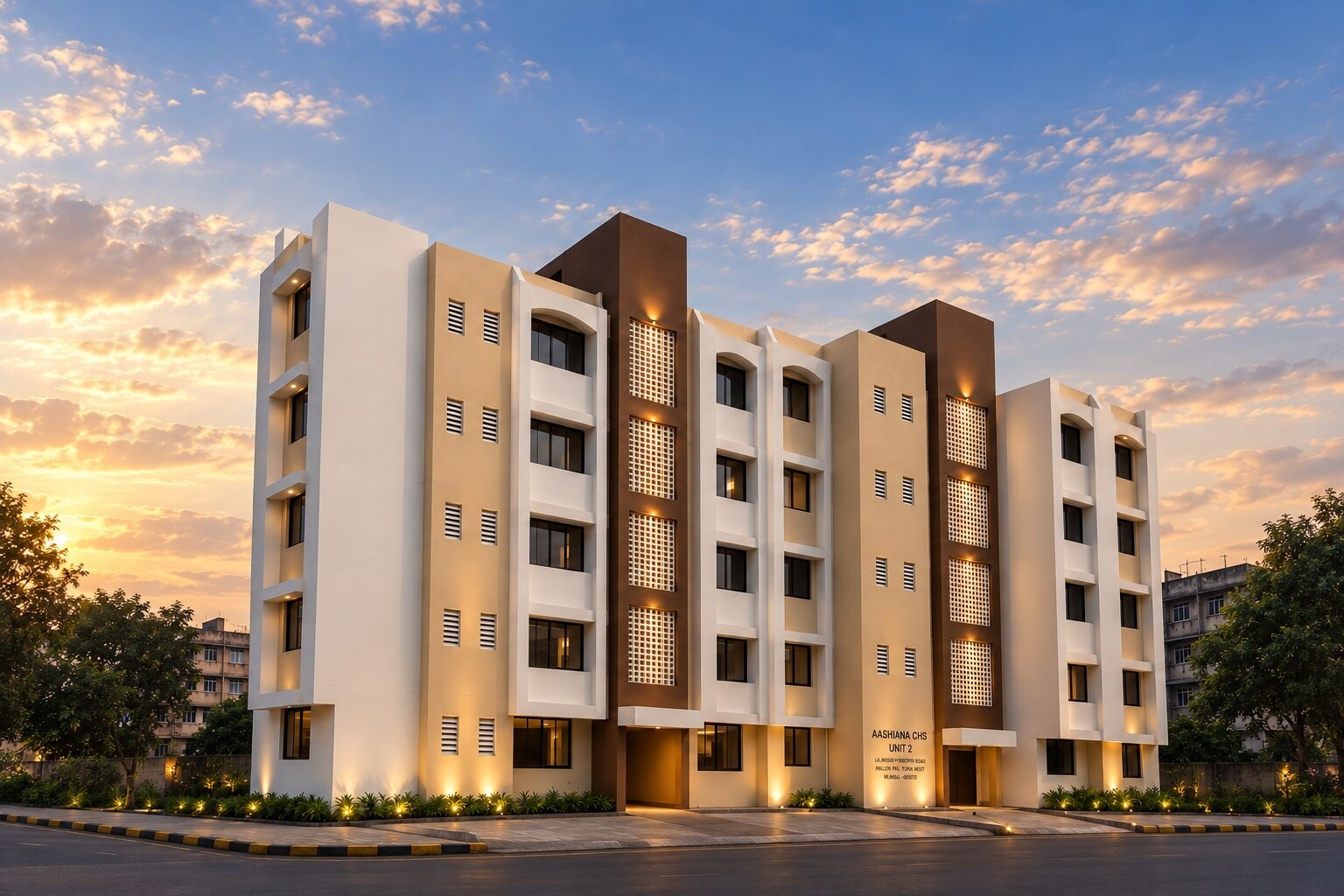 Aashiana CHS, a Faina Realty society redevelopment, lit at dusk