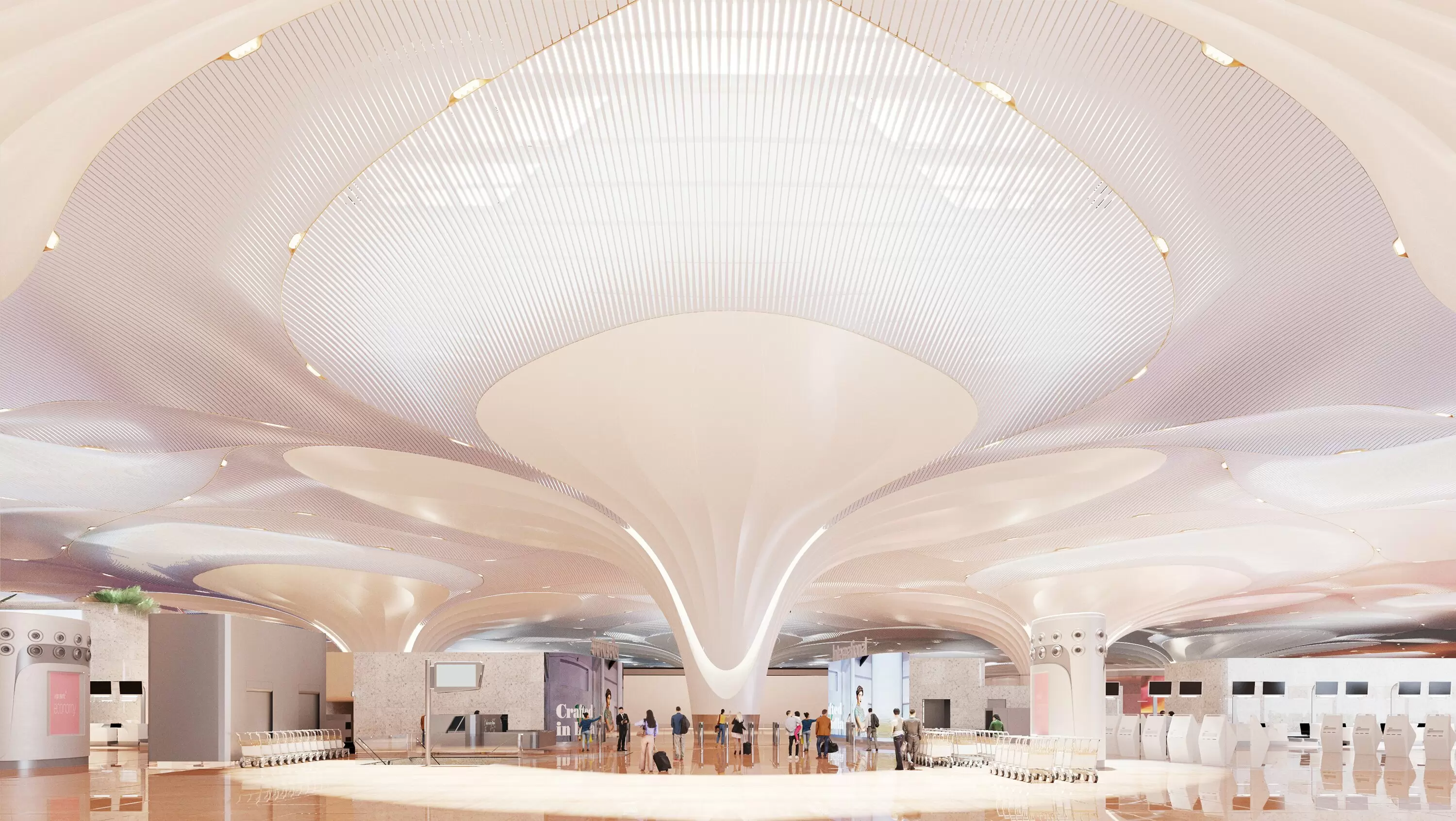 The check-in hall of Navi Mumbai International Airport, where the FAINA Group's Extrico Industries carried out interior beautification works